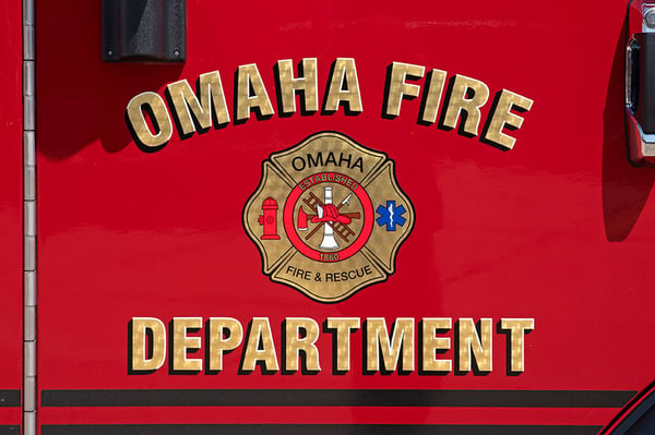 Omaha Fire Department in Nebraskas patch graphic on a fire truck.