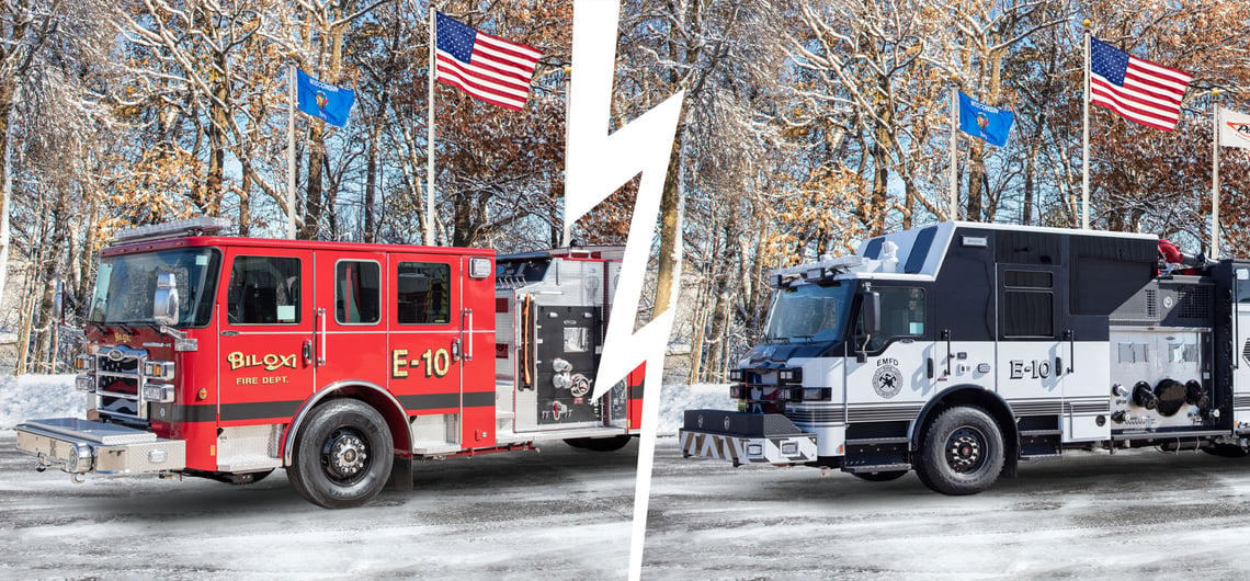 Two pumper fire trucks are pictured next to each other, one is black and white the other is red. 