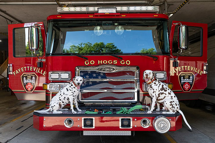 Fayetteville Fire Department's Pierce fire truck parked in a bay at the fire station with two dalmatians sitting on the front bumper.